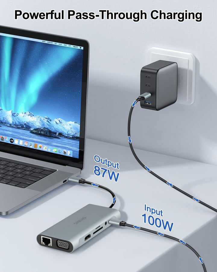 Docking Station USB C HUB, 11 in 1 USB C Adapter mit 4K HDMI, VGA, Ethernet, 4 USB Ports, SD/TF, 100
