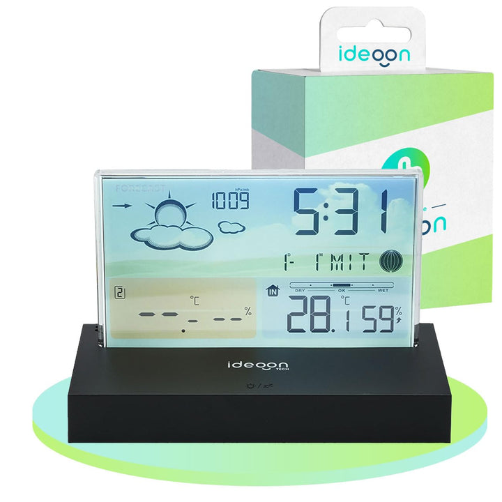 ideoon Moderne Funk-Wetterstation farbig: Rahmenloses LCD-Display für präzise Wetterprognose & Hygro