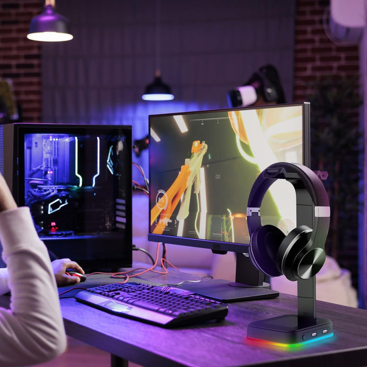 Retoo Headset Halterung Kopfhörer Ständer RGB Universal HUB USB Halter für Over Ear Kopfhörer Gaming