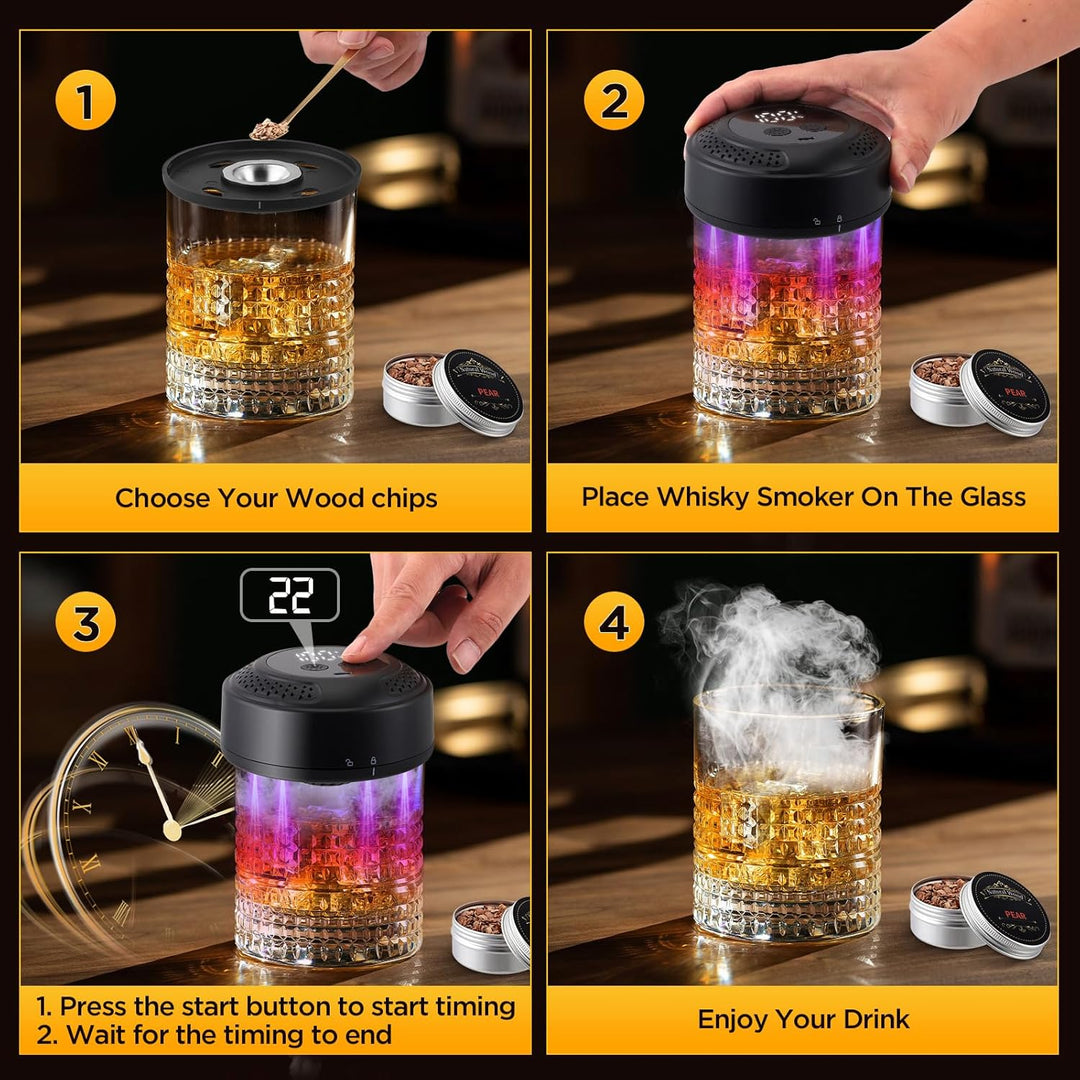 Elektrischer Whisky Smoker mit Holzchips, Cocktail Smoker Kit mit Glas & Eisballform, Wiederaufladba