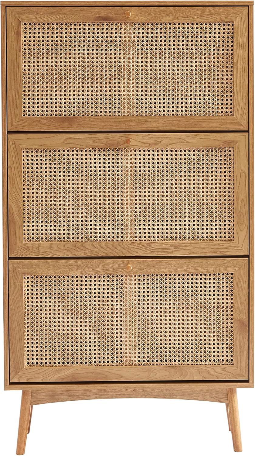 BAÏTA INES Schuhschrank in Eichenoptik und Rattangeflecht, Buchenholz, 80 cm