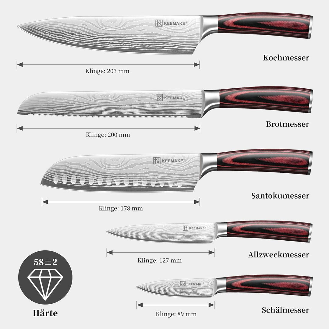 KEEMAKE Küchenmesser Set 5 teilig, Messerset aus Edelstahl mit Profi Brotmesser Kochmesser Santoku M