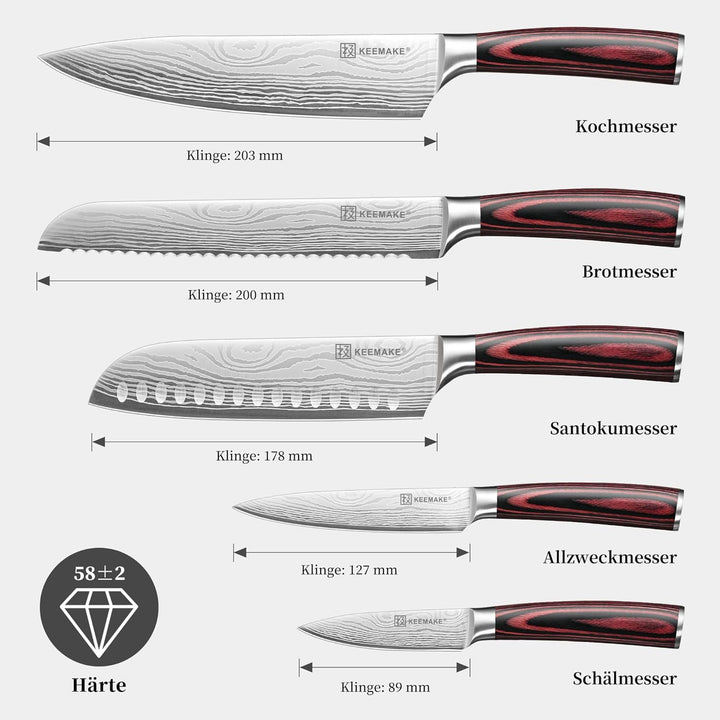 KEEMAKE Küchenmesser Set 5 teilig, Messerset aus Edelstahl mit Profi Brotmesser Kochmesser Santoku M