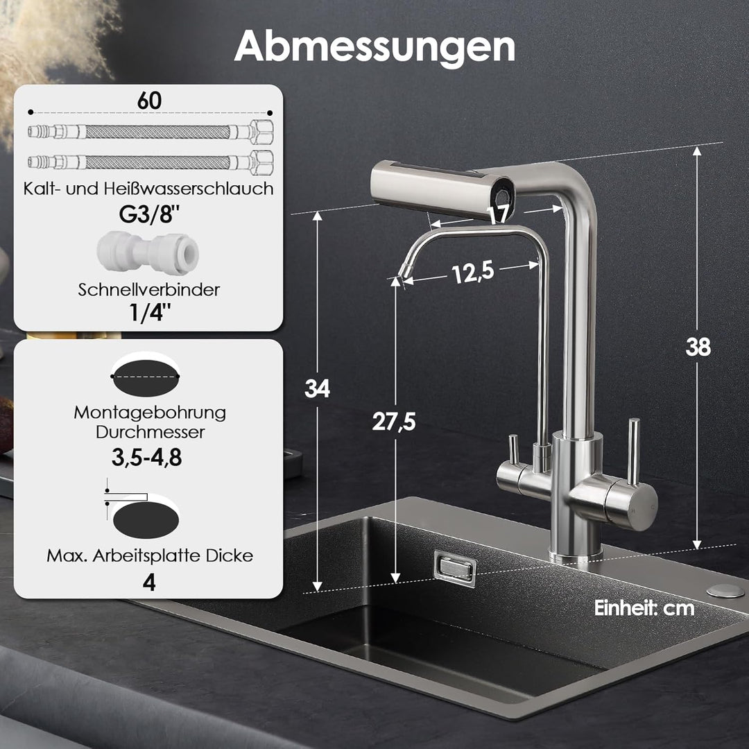 ROVOGO 3 Wege Wasserhahn Küche mit Filter, Küchenarmatur Ausziehbar mit 4 Strahlarten Brause, Doppel