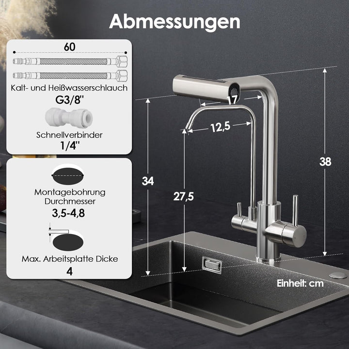 ROVOGO 3 Wege Wasserhahn Küche mit Filter, Küchenarmatur Ausziehbar mit 4 Strahlarten Brause, Doppel