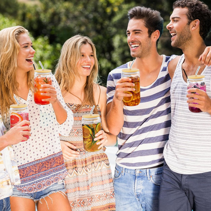 FINEW [8er Set] Trinkbecher Mit Deckel und Strohhalm Glas, 8er Cocktailgläser Set, 16oz/450ml Eiskaf