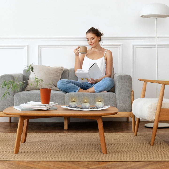 Relaxdays Teelichthalter Set mit Tablett & Steinen, 50 cm lang, Tischdeko Wohnzimmer, Esszimmer, Ker