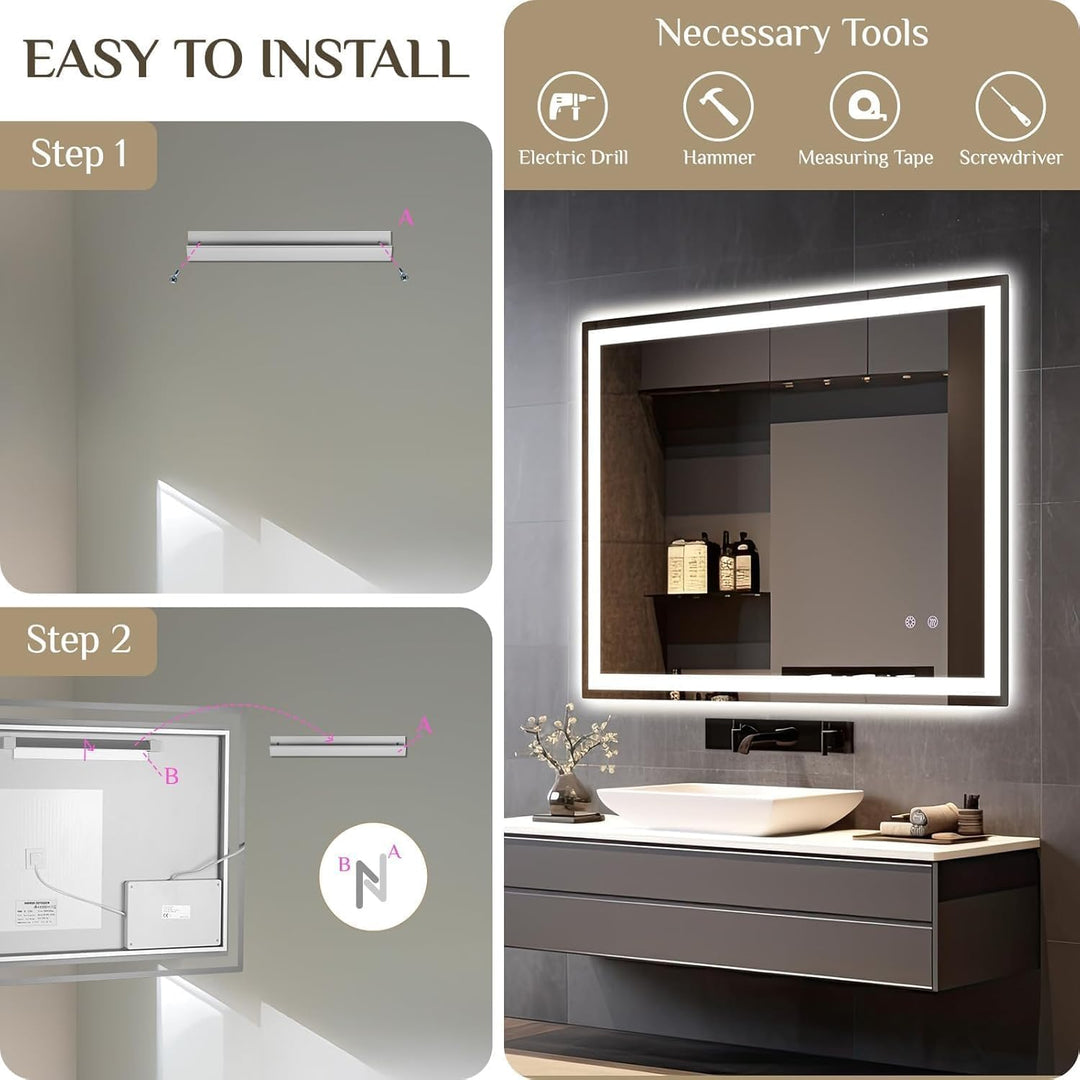 Clevich Badspiegel mit Beleuchtung 80×60 cm, LED Spiegel mit 3 Lichtfarben und dimmbar, Touch-Schalt