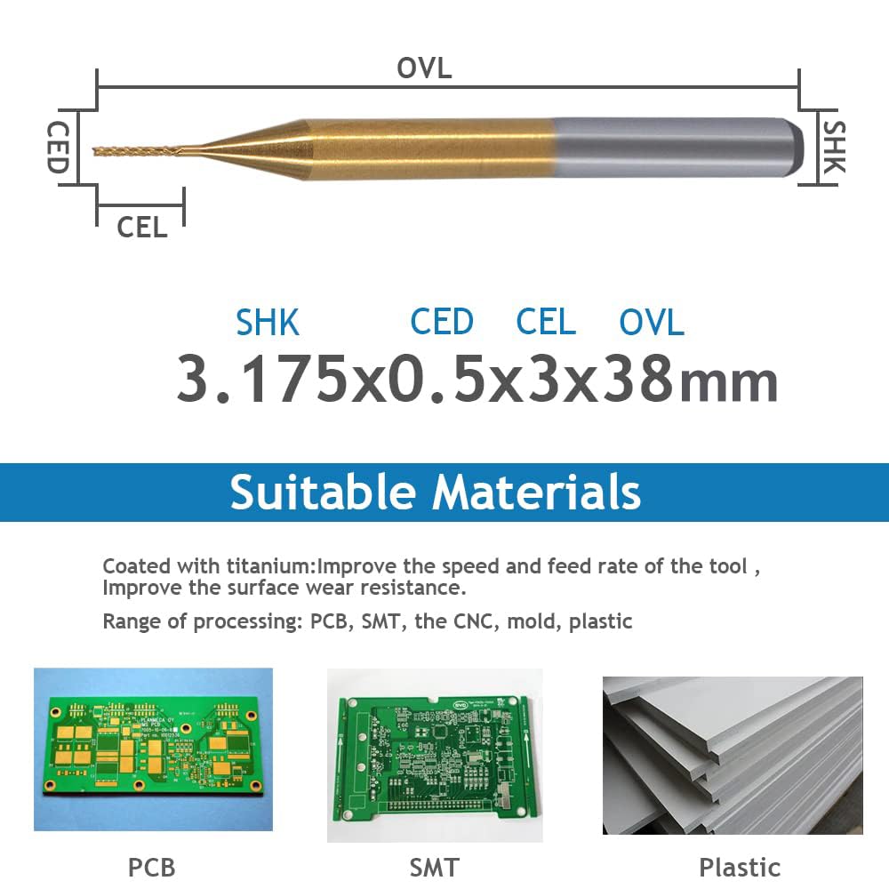 EU_HOZLY Titanium Coat Carbide 3.175mmX0.5mmX3mm Endmühle Gravur Bits CNC Rotary Burrs Packung von 1