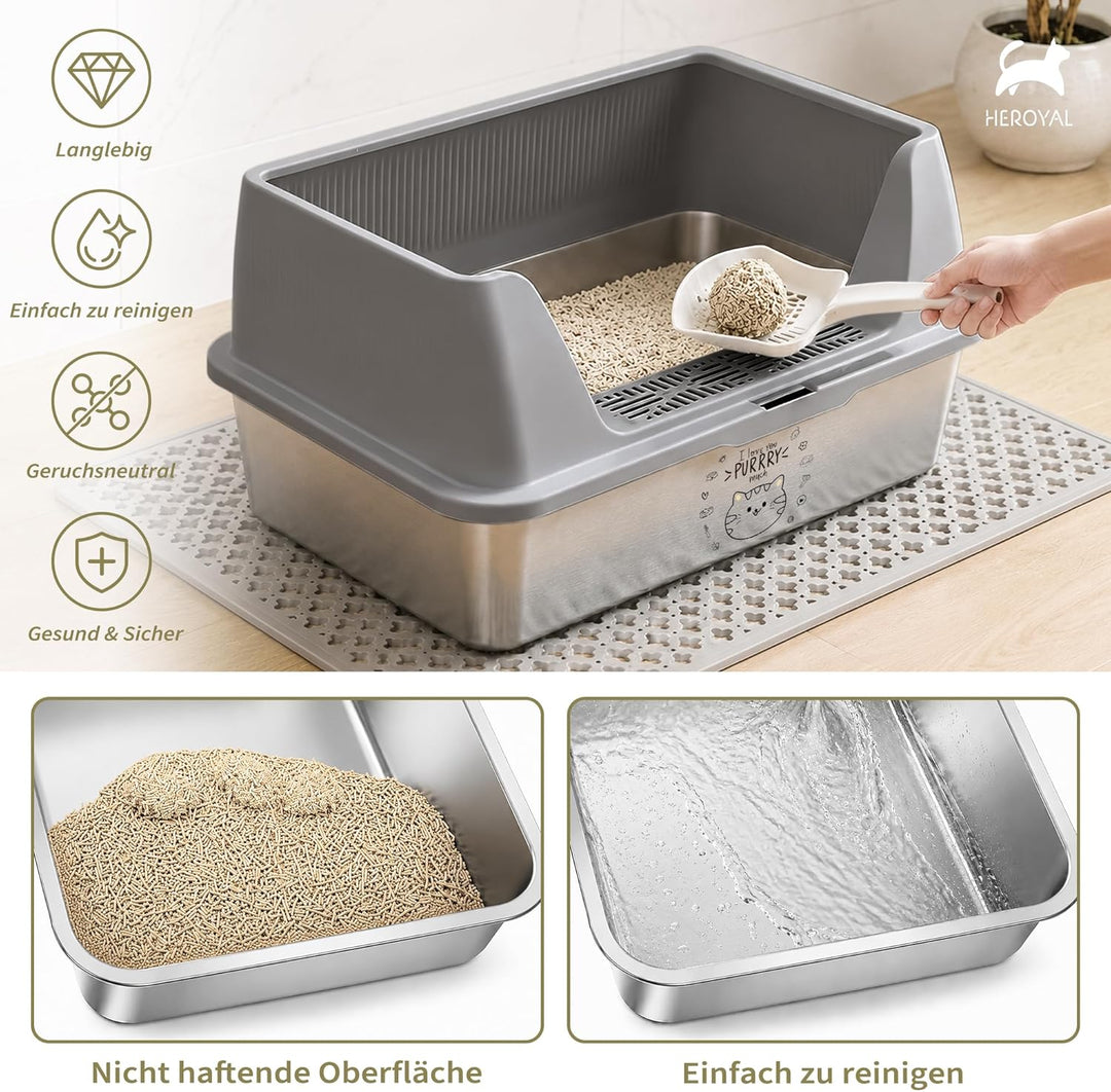 Katzenklo Edelstahl XXXL mit DIY-Aufkleber, 20L Katzentoilette Edelstahl mit Deckel, Grosse Kapazitä