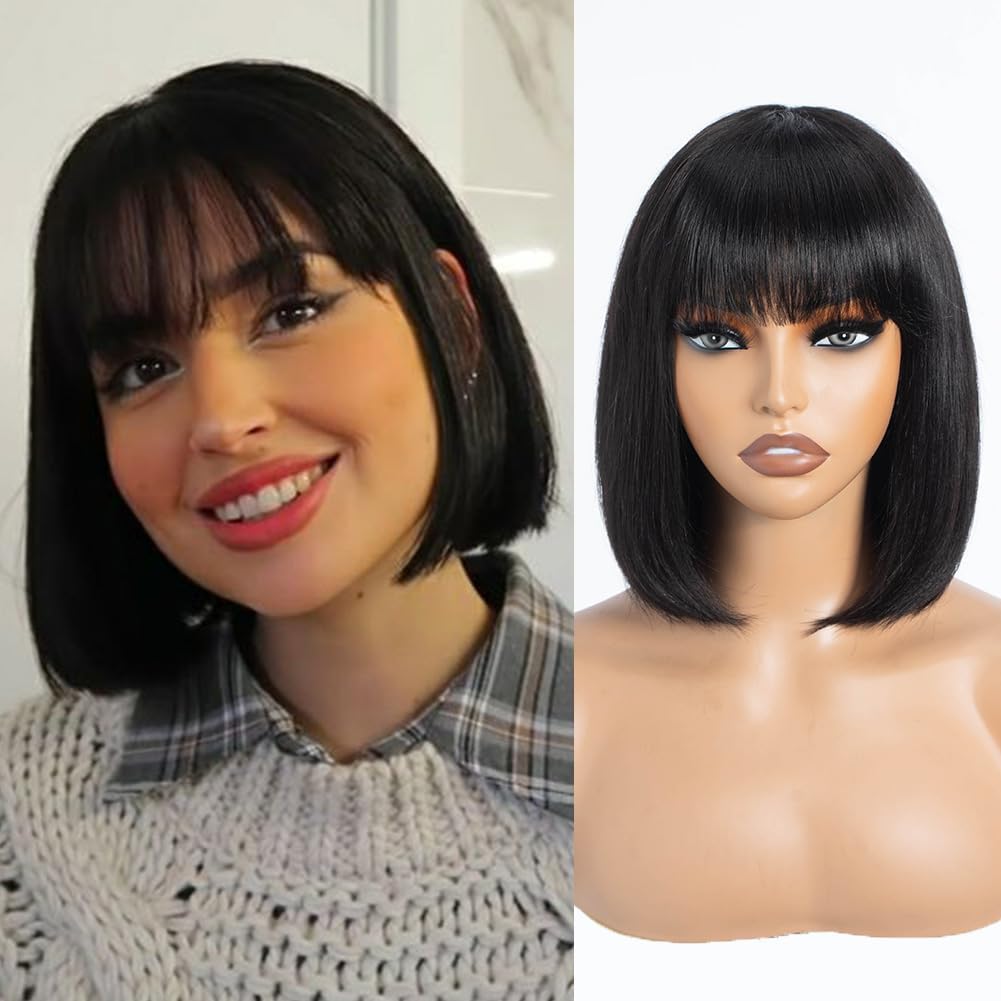 Short Bob Human Hair Wigs with Bangs None Lace Front Wigs Brazlian Straight Hair Machine Made Bob Wi