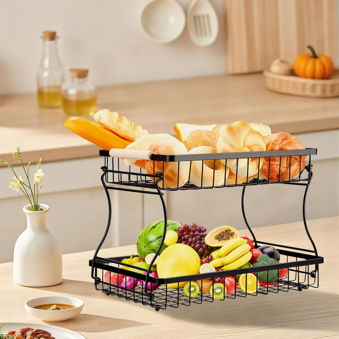 VINATO Obstkorb, Obst Etagere 2 Stöckig mit Holzgriffen für Küche, Bad & Mehr – Obstständer, Gemüse