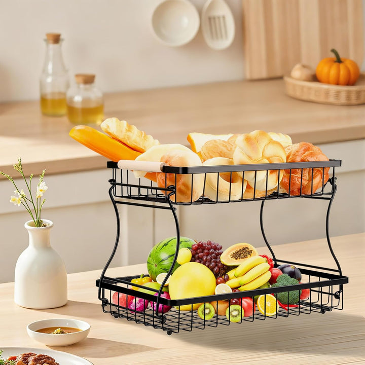 VINATO Obstkorb, Obst Etagere 2 Stöckig mit Holzgriffen für Küche, Bad & Mehr – Obstständer, Gemüse