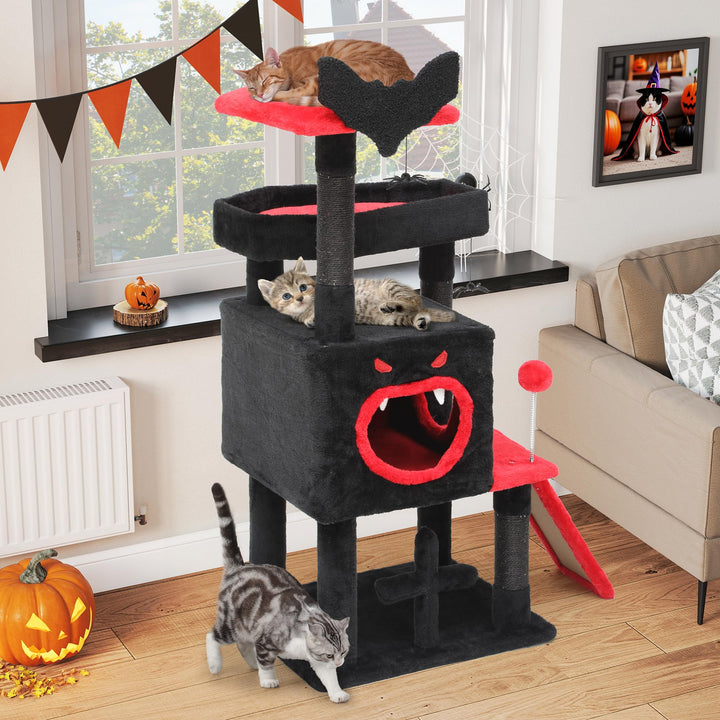 YITAHOME Gothic Kratzbaum, Mehrstöckiger Kratzturm mit Zwei Sitzstangen, Bodenplattform, Kletterramp