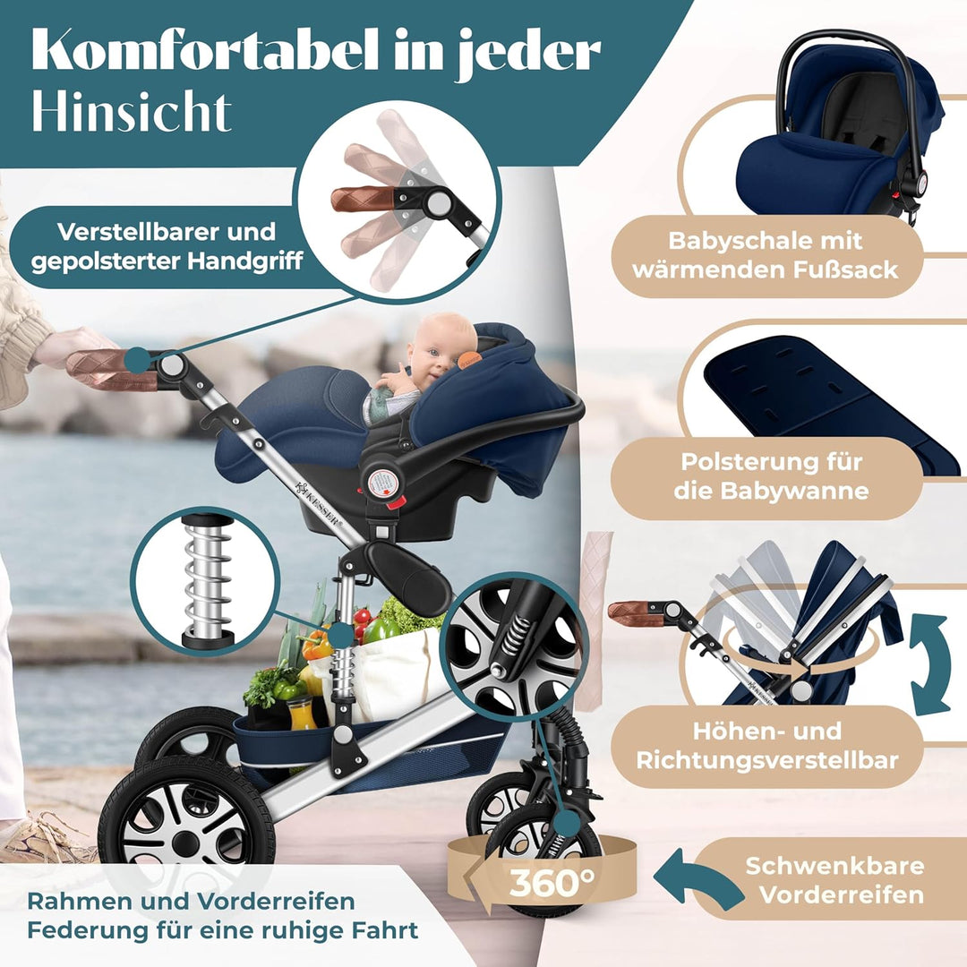 KESSER® Loops 3 in 1 Kinderwagen Kombikinderwagen Komplett-Set inkl. Babywanne &amp; Buggy Sportsitz &amp; A