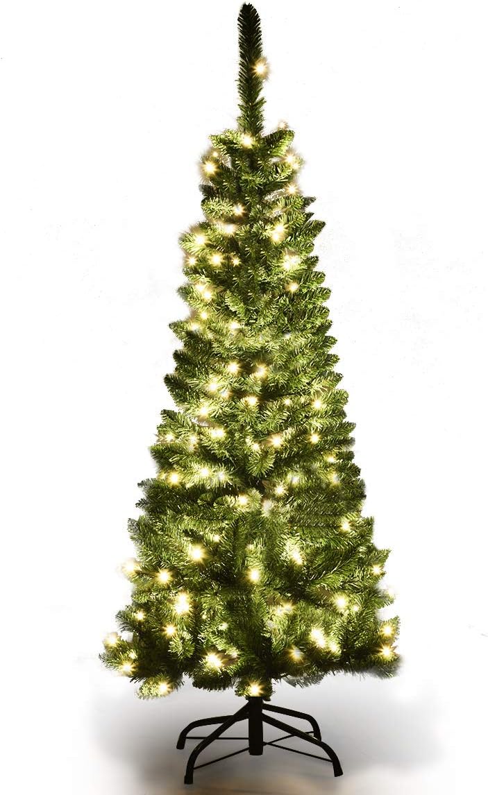 COSTWAY 135/200/225cm Bleistift Weihnachtsbaum mit warmweissen LED-Leuchten, künstlicher Tannenbaum