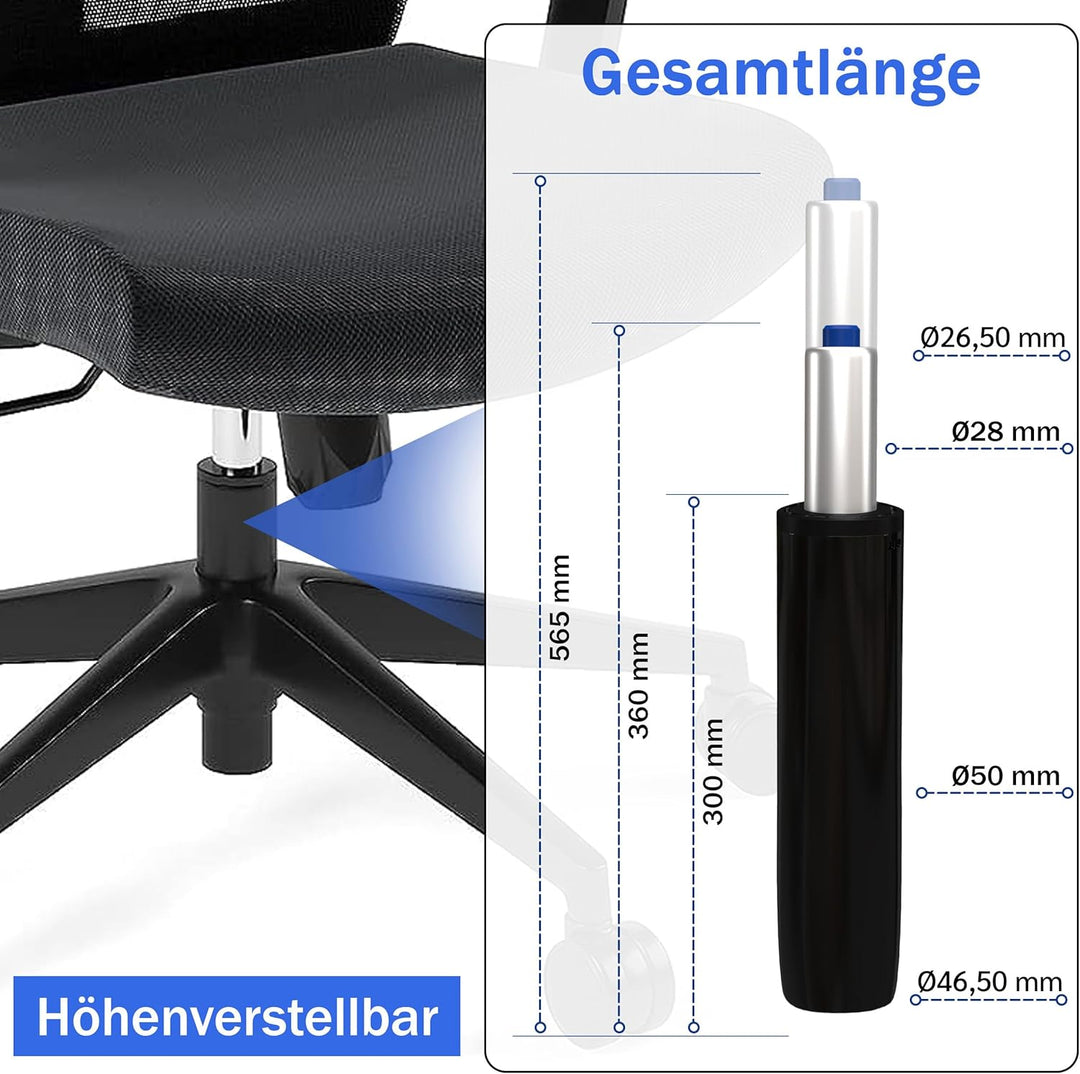 Bemacom Gasdruckfeder für Bürostuhl bis 200kg Belastbarkeit, Länge 565mm Schwarz Ersatz Gasdruckfede