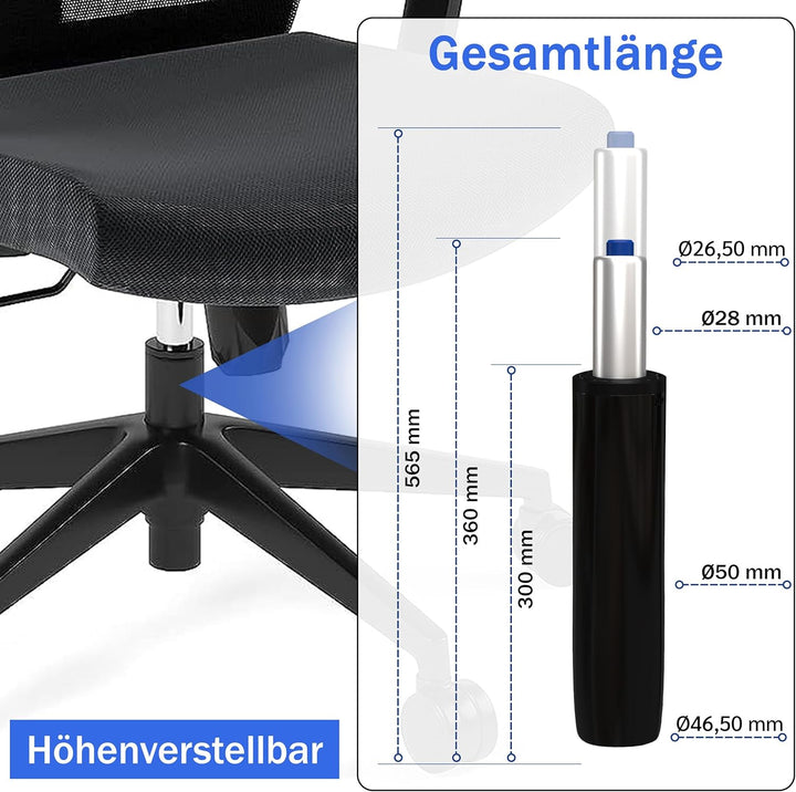 Bemacom Gasdruckfeder für Bürostuhl bis 200kg Belastbarkeit, Länge 565mm Schwarz Ersatz Gasdruckfede