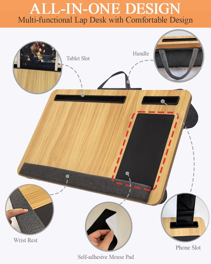 Laptopunterlage 55x34cm für Heim Bett Sofa mit Knietablett mit Kissen,Handgelenkauflage Handyhalter,