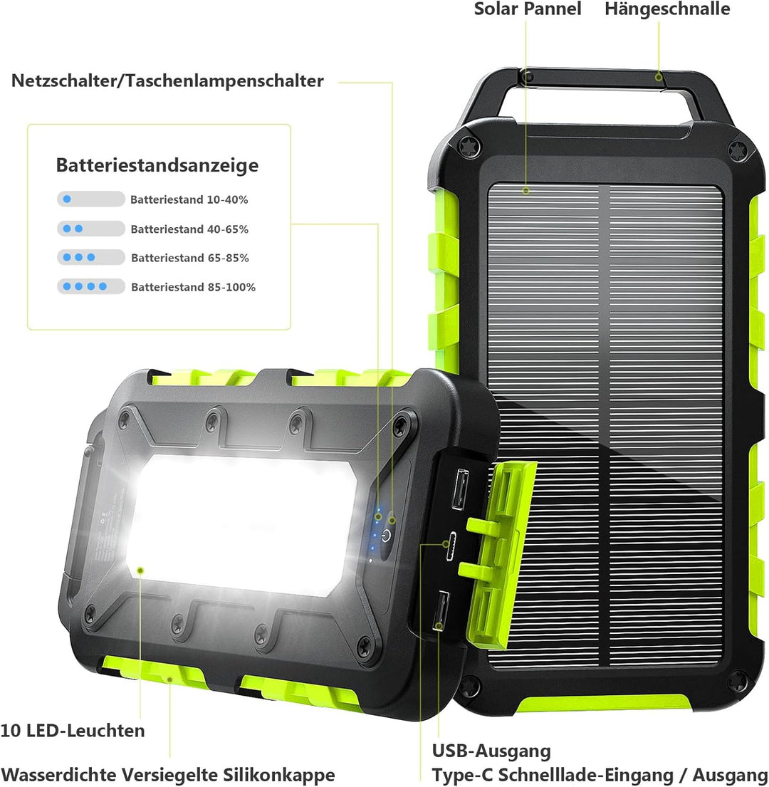 Solar Powerbank 10000mAh PD 22,5W Tragbares Solar Ladegerät USB C Outdoor Wasserdicht Externer Akku