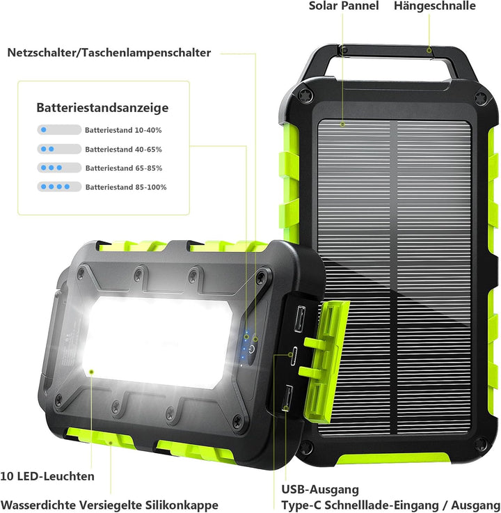 Solar Powerbank 10000mAh PD 22,5W Tragbares Solar Ladegerät USB C Outdoor Wasserdicht Externer Akku