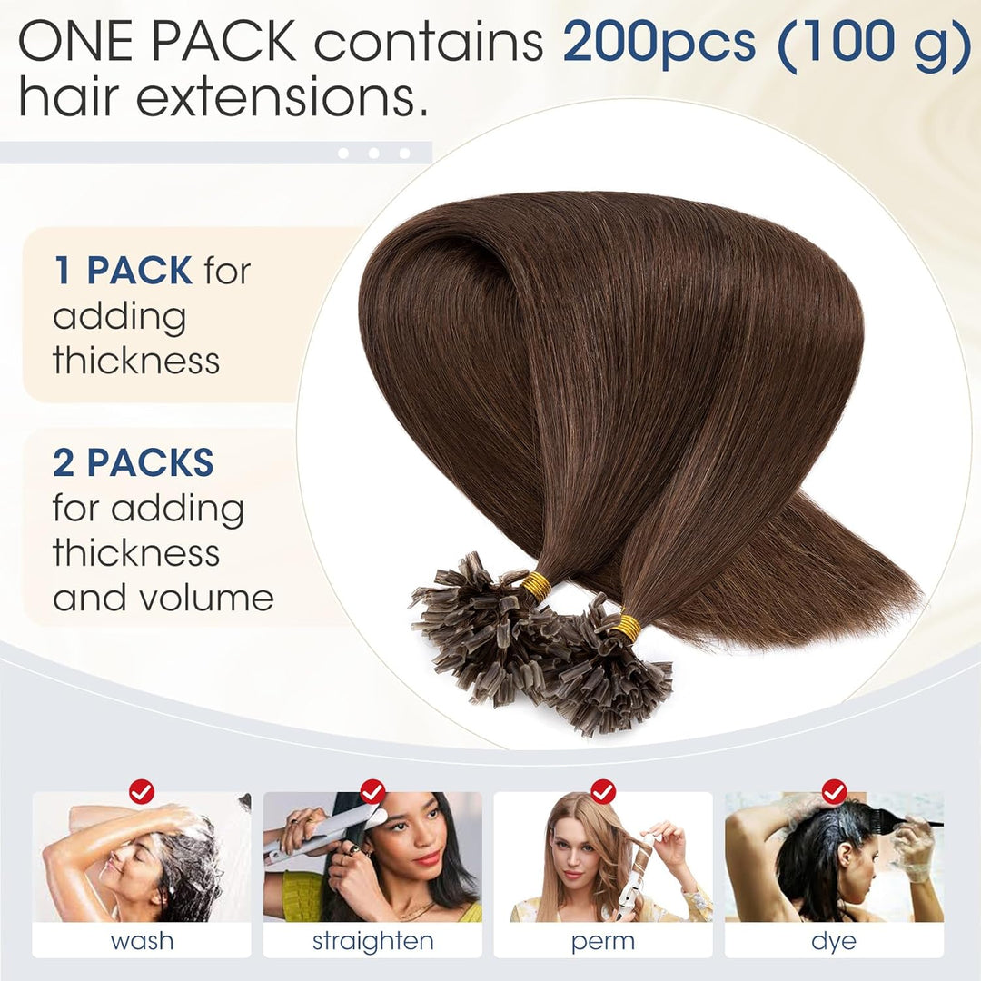 Elailite Extensions Bondings Echthaar 200 Strähne 45cm #4 Mittelbraun, U Tip Hair Extensions Keratin