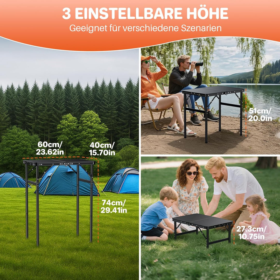 FUNYKICH Campingtisch Klapptisch 58x40cm, Faltbarer Grilltisch mit 3 Höhen Verstellbarer(27/51/75cm)