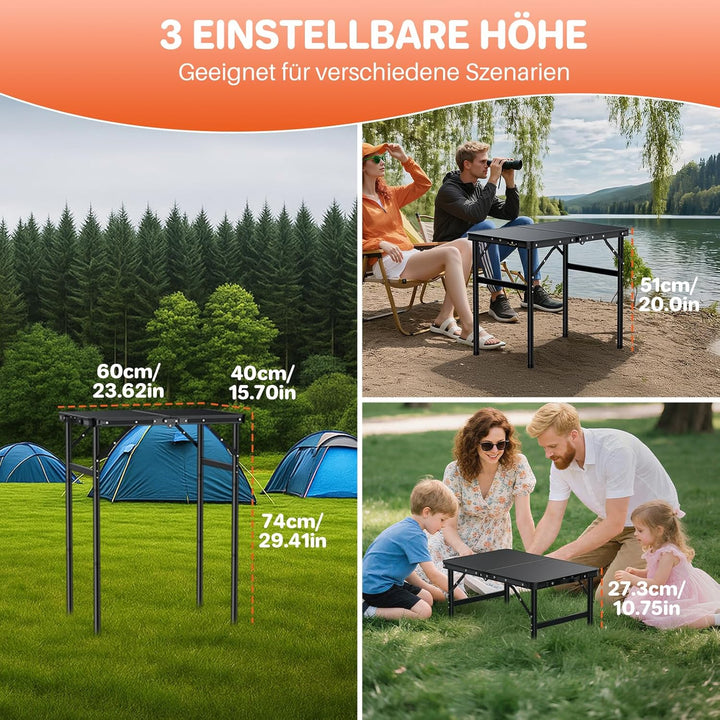 FUNYKICH Campingtisch Klapptisch 58x40cm, Faltbarer Grilltisch mit 3 Höhen Verstellbarer(27/51/75cm)