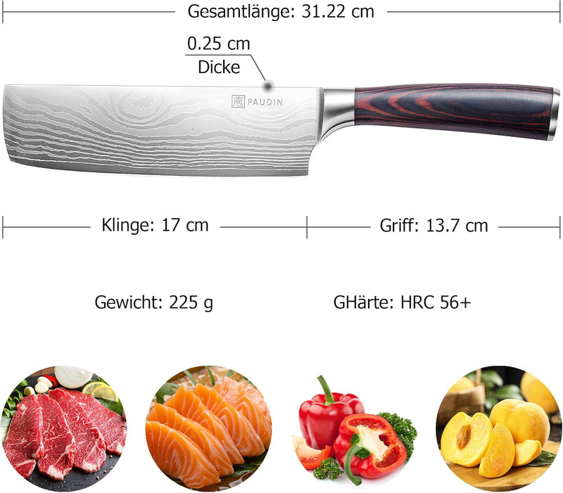 PAUDIN Japanisches messer, Klingenlänge 17cm nariki messer Hackmesser Kochmesser aus hochwertigem Ed