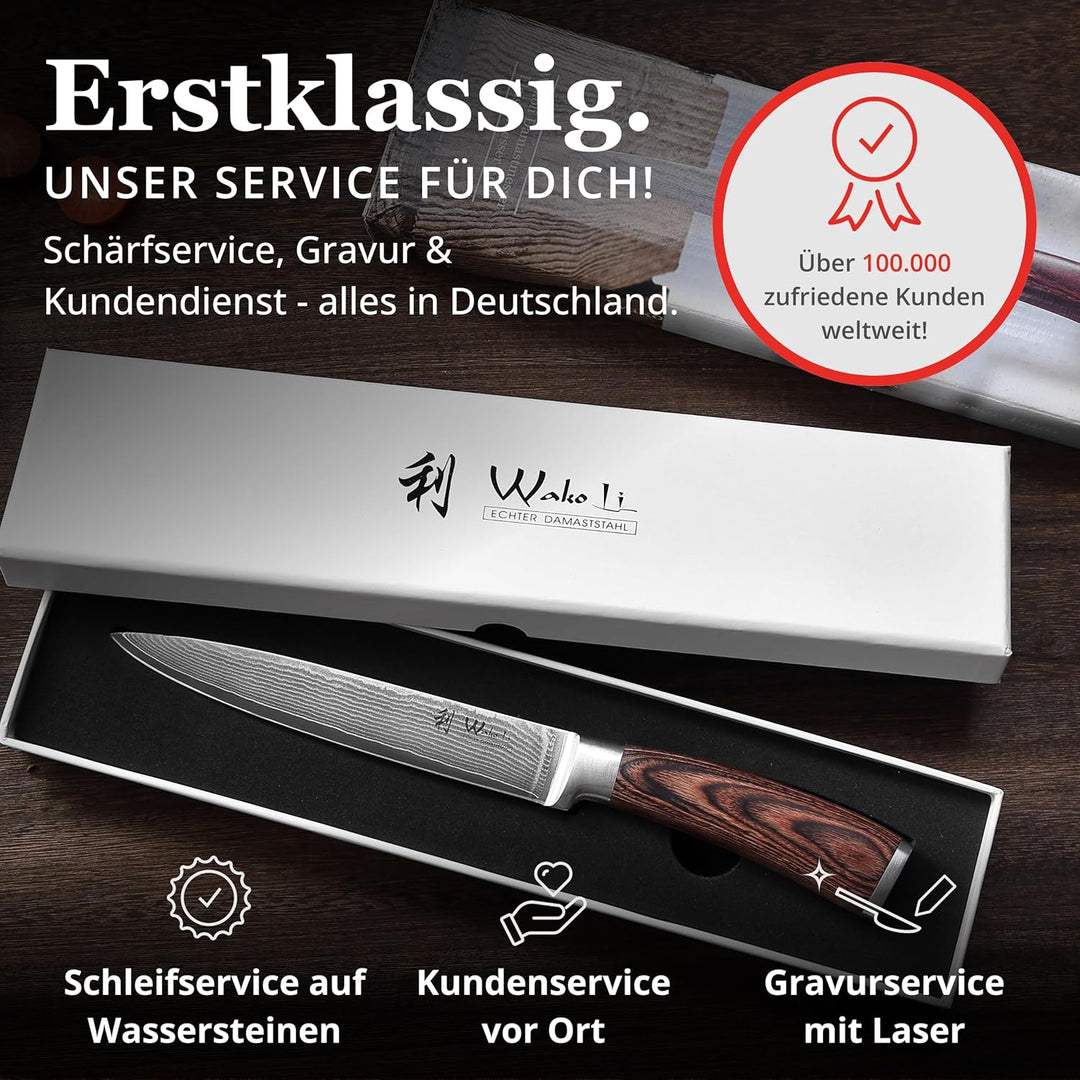 Wakoli EDIB Damast Fleischmesser & Tranchiermesser aus echtem Damaststahl (VG10 Kern) mit 18 cm Klin