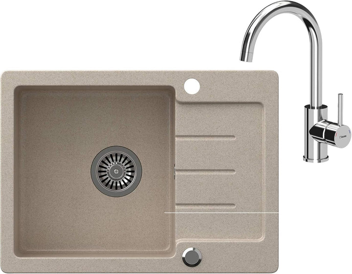 VBChome Spülbecken mit Armatur Beige Granit 60 x 44 cm Einzelbecken Einbauspüle gesprenkelt reversib