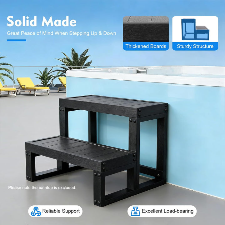 2-stufige Whirlpool Treppe aus WPC, 60x54x42,3 cm, Schwarz | Mobil Pooltreppe, Robust Trittstufe Woh