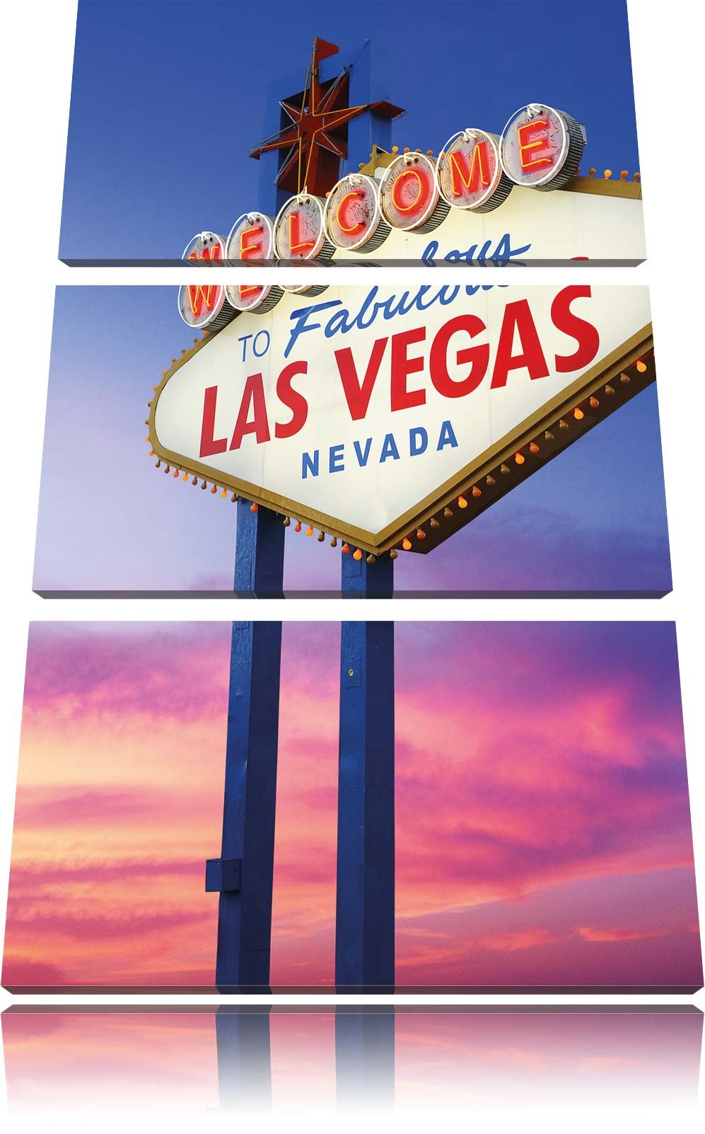 Pixxprint Las Vegas Schild in der Dämmerung als Leinwandbild | Grösse: 3 Teilig (120x80) | Wandbild|