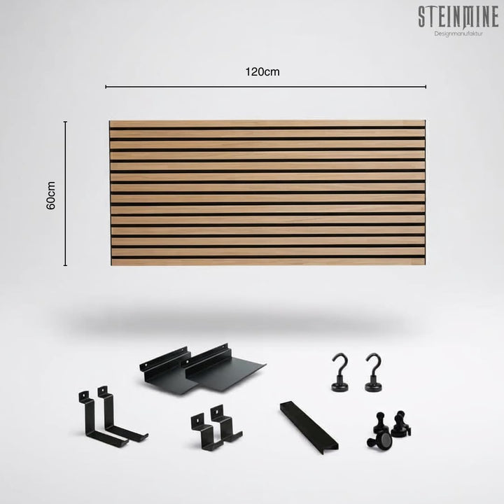 Steinmine - Designmanufaktur Wandorganizer (60 x 120 cm) - Akustikpaneel mit Eichenholzlamellen - in