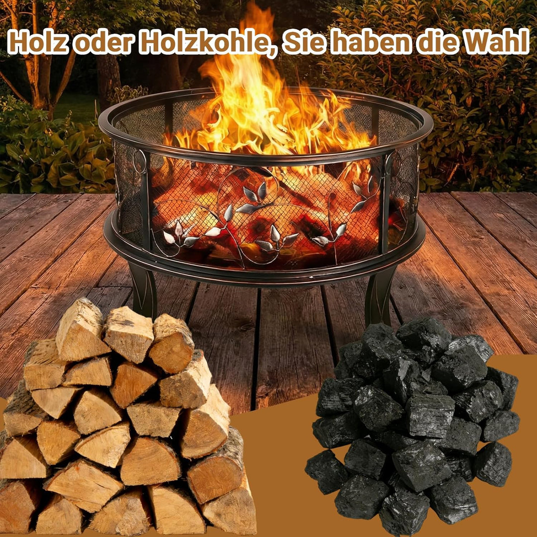 Feuerschale, Feuerschale Garten, Feuerkorb mit Funkenschutz, Feuerstelle Retro-Look, inkl. Poker & K