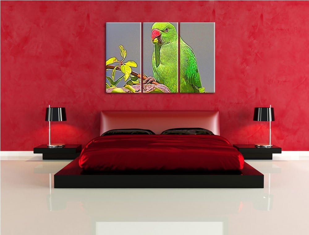 schöner Halsbandsittich beim Essen NewArt 3-Teiler Leinwandbild 120x80 Bild auf Leinwand, XXL riesig