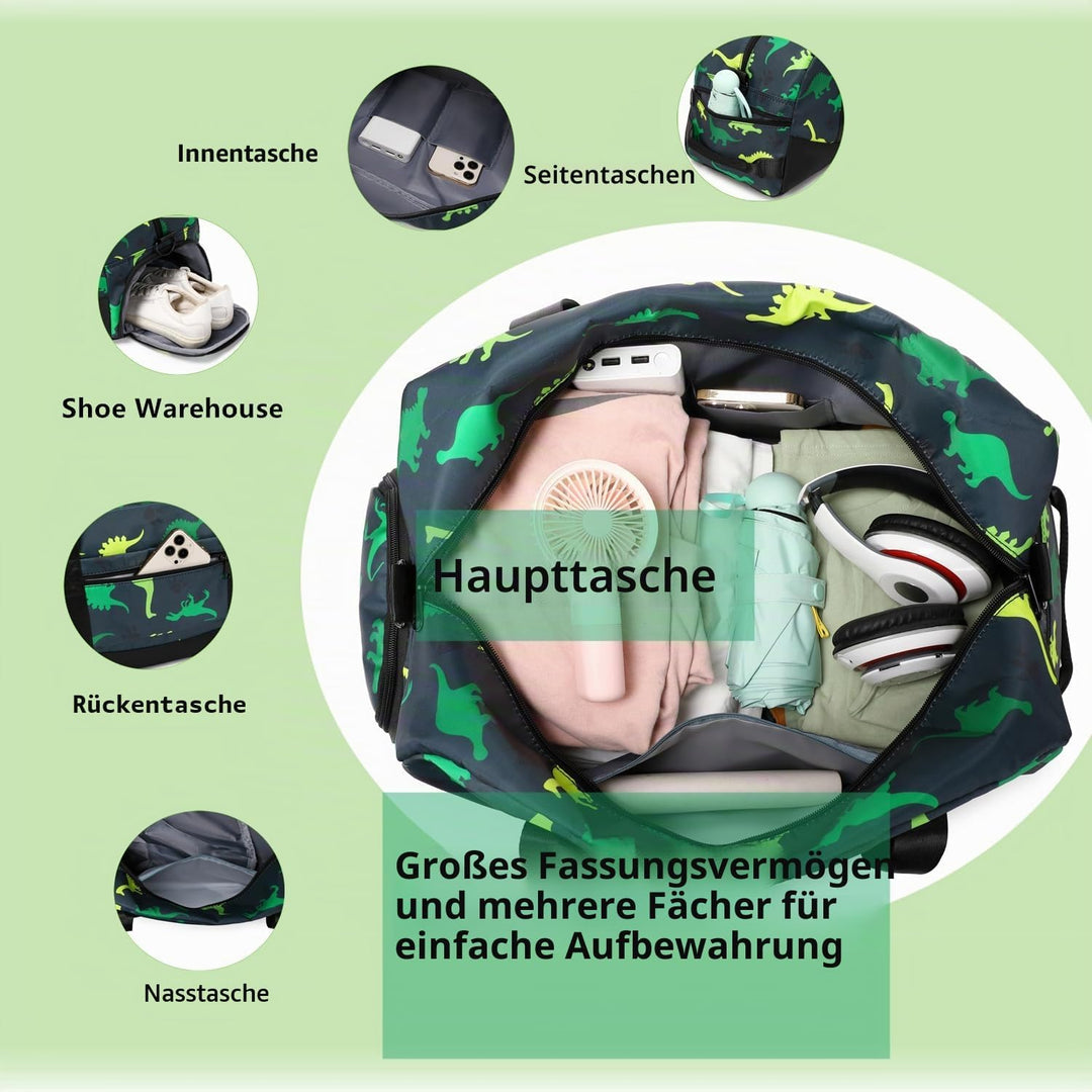 Lmwzh Kinder Sporttasche Reisetasche mitSchuhfach Turnbeutel wasserdichte Schwimmtasche (Dinosaurier