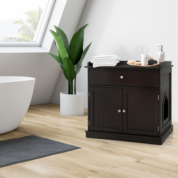 COSTWAY Katzenschrank mit Schublade & Tür & Eingang, 3-in-1 Katzenhaus Katzentoilette Beistelltisch,