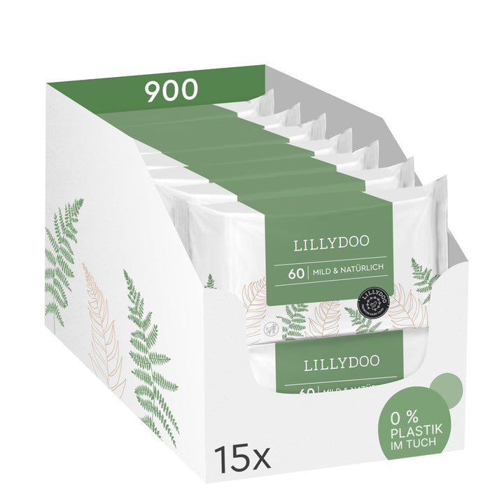 LILLYDOO green Feuchttücher, 900 Stück (15 x 60), 100% plastikfreies, reissfestes Tuch - ohne Parfüm