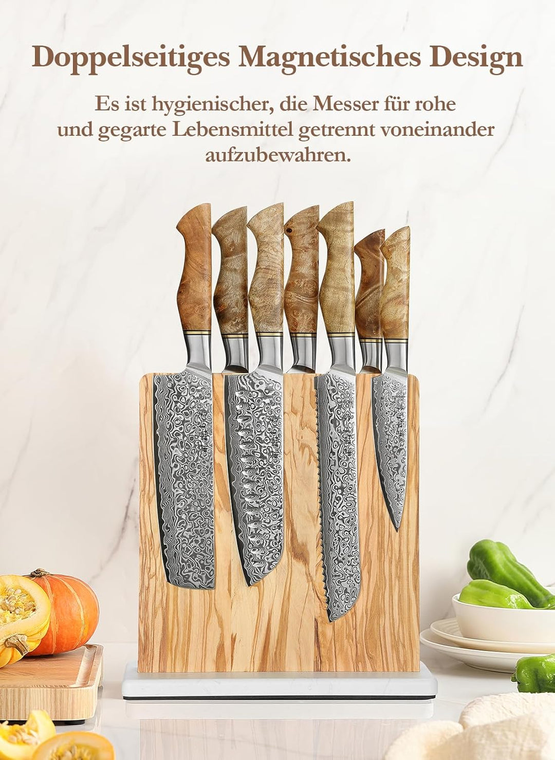HEZHEN Magnetischer Messerblock aus Olivenholz - Doppelseitiger Magnetischer Messerhalter -Küchenmes