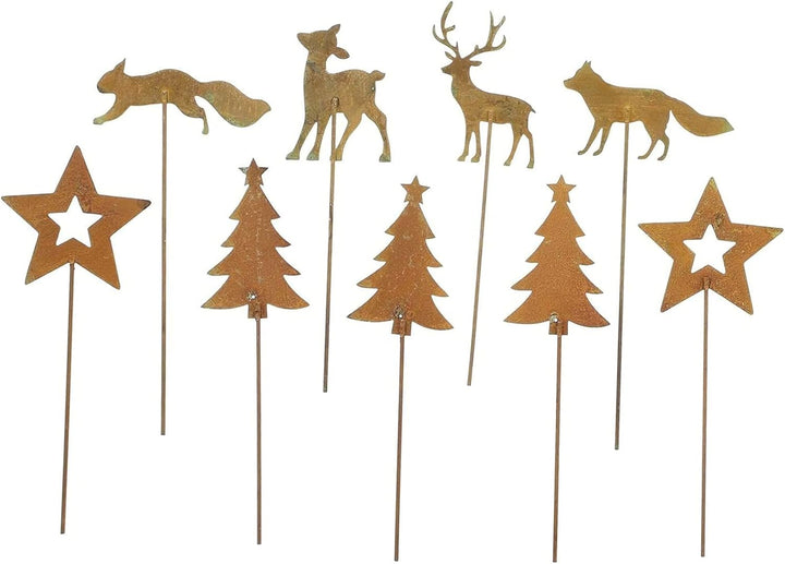 Dekoleidenschaft 9 Deko-Stecker Winterwald aus Metall in Rost-Optik, Metallstecker für Gestecke, Krä