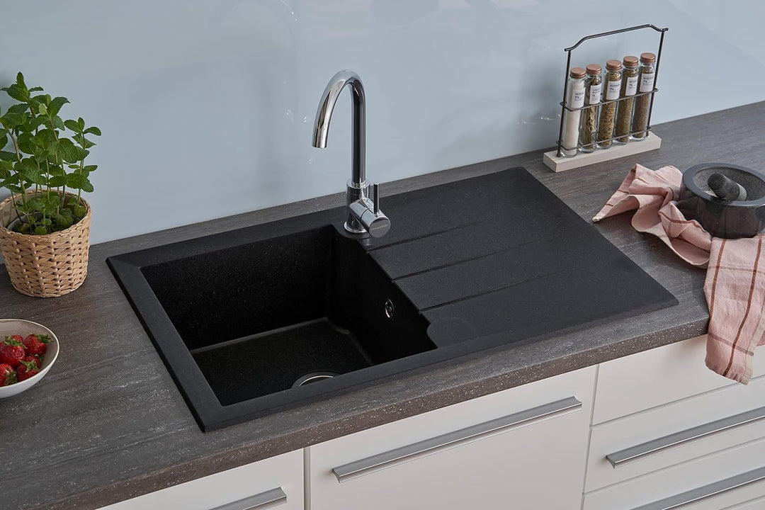 respekta Spüle Granitverbundspüle Granitspüle Einbauspüle 81 x 50 cm schwarz, 81 x 50 cm Schwarz