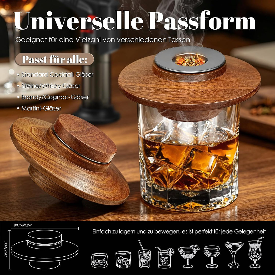 Whisky Räucher Set mit Sturmfeuerzeug, 2 Edelstahlfiltern &amp; 4 Geschmack-Holzspäne, Hochwertiges Sape