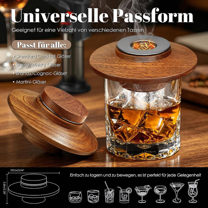 Whisky Räucher Set mit Sturmfeuerzeug, 2 Edelstahlfiltern &amp; 4 Geschmack-Holzspäne, Hochwertiges Sape
