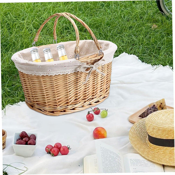15 x 11 Zoll Weidenkorb mit Griff, Picknickkorb aus natürlichem Weidengeflecht mit Einlage für Party