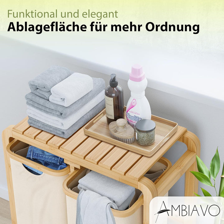 Wäschekorb 2 Fächer beige, schmal & 100 L Bambus · Wäschesammler mit Ablage · 50 L pro Fach · heraus
