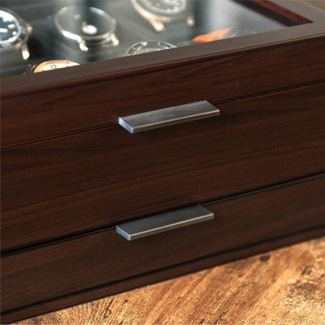 CASE ELEGANCE Uhrenbox mit 8 Fächern für Herren, Kirschholz-Walnuss-Finish, Uhrenvitrine, modulares
