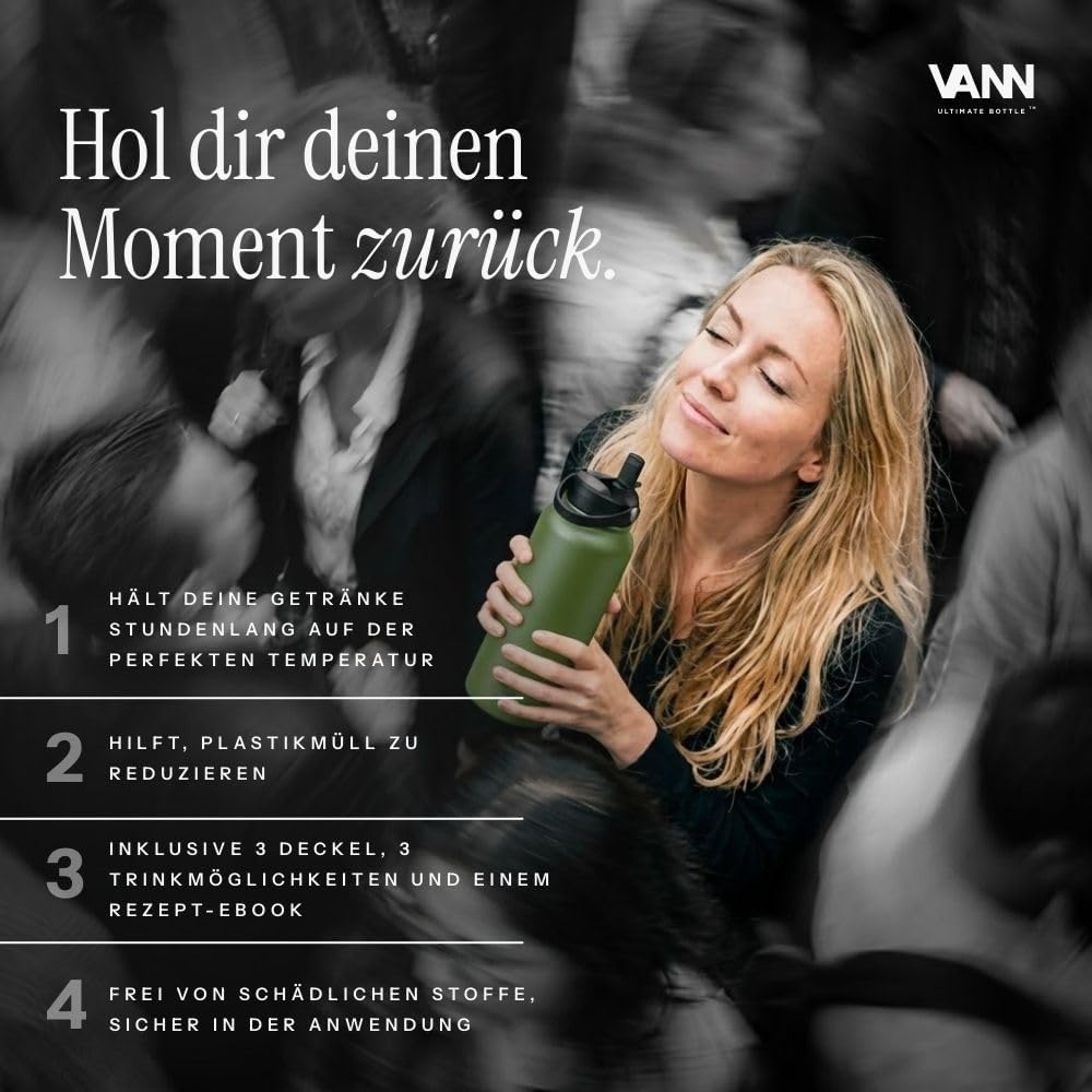 VANN Trinkflasche 1L mit Strohhalm - Thermosflasche isoliert [24h kalt, 12h warm] - Trinkflasche Ede