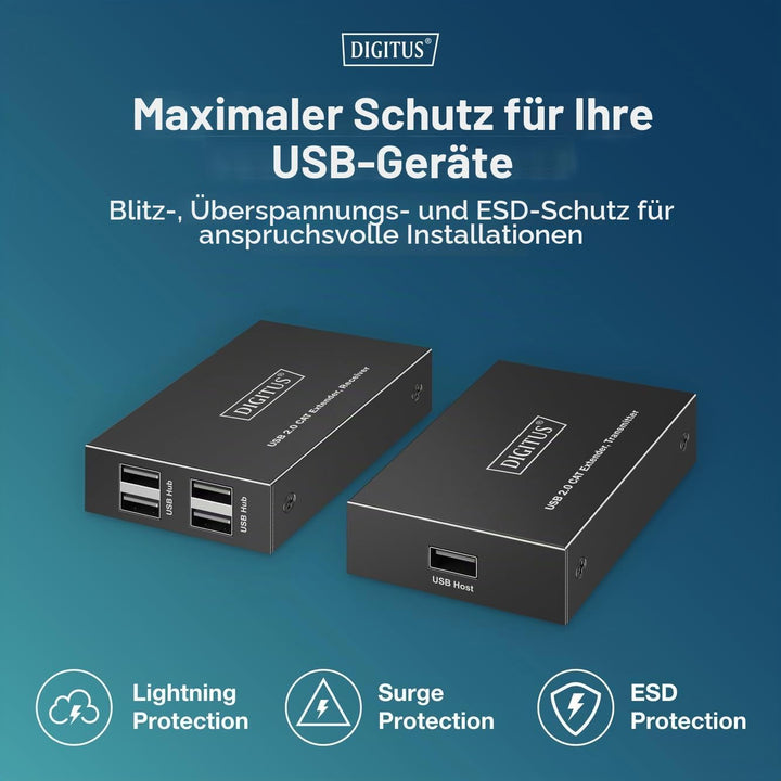 DIGITUS USB 2.0 über Ethernet-Extender – 4-Port USB-A Hub – 150m Reichweite mit Cat 6 Netzwerkkabel