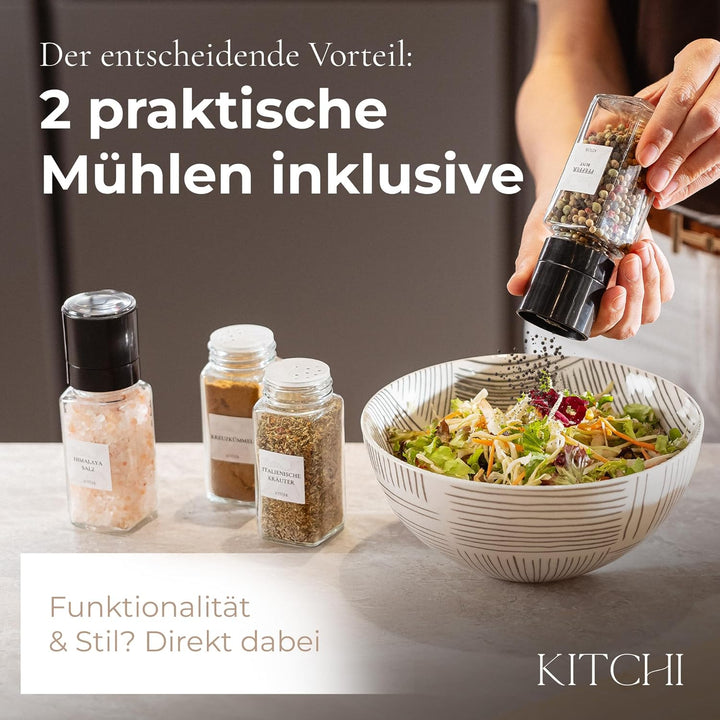 KITCHI Gewürzgläser Eckig Set 24 Stück inkl. 2 Salz- & Pfeffermühlen | Akazie Holzdeckel | Premium G